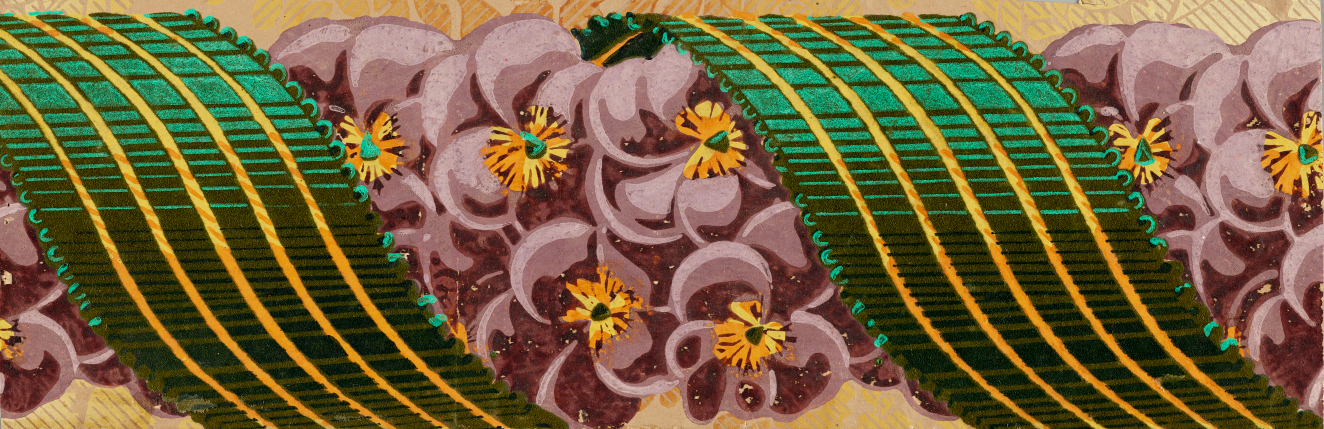Clusters of purple flowers with bright yellow centers bound by diagonal green and gold striped ribbon.