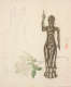 Illustration of a bronze figure standing with one arm raised, beside a white flower and columns of calligraphy. 