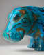 Close view of a turquoise hippopotamus figurine’s head decorated with black linework depicting reeds and papyrus fronds, its surface marked by scattered brown patches around the eye and snout area.
