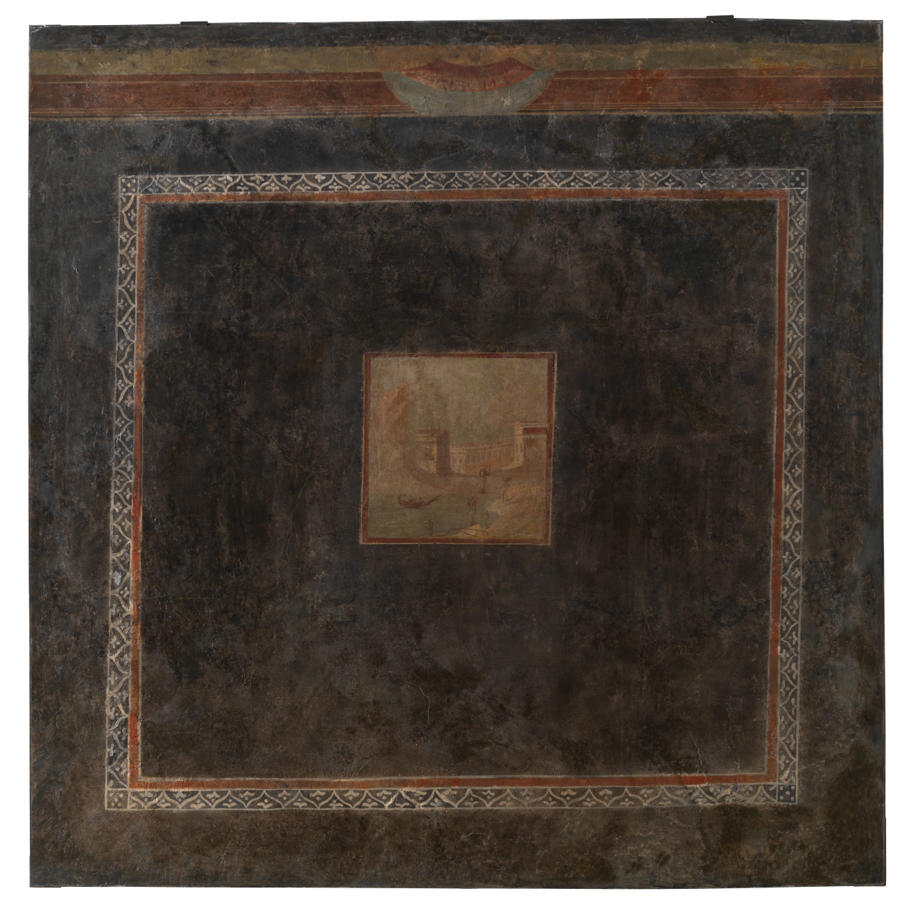 An aged square painting, with a faded landscape scene framed by dark bands and geometric borders.