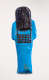 Back of a blue sculpture of a reclining mummy-like figure laid horizontally, with its hand laid on its chest and black detailing of its hair and ornamentation.