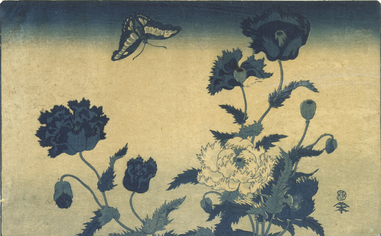 Deep blue and white poppies accented by clusters of serrated leaves with a butterfly flitting above, set against a fading blue background, with evidence of age. 