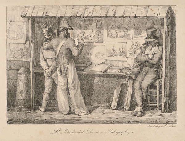 An illustration depicting two men to the left, examining prints at a merchant’s stand, while a man in a top hat naps in a chair in the right corner.