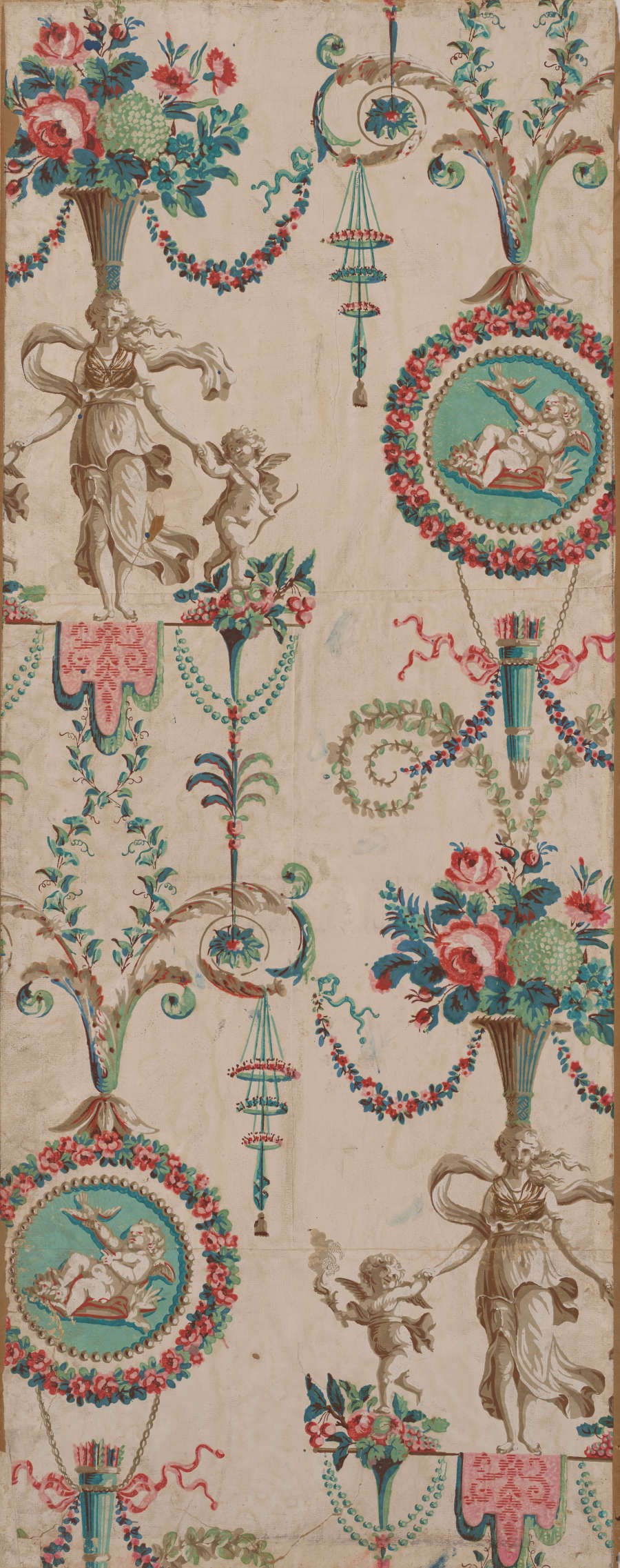 Symmetrical, cream wallcovering featuring colorful floral bouquets, a woman holding two babies in stone, turquoise hanging embellishments, and a laying winged baby within a turquoise medallion and pink floral wreath.