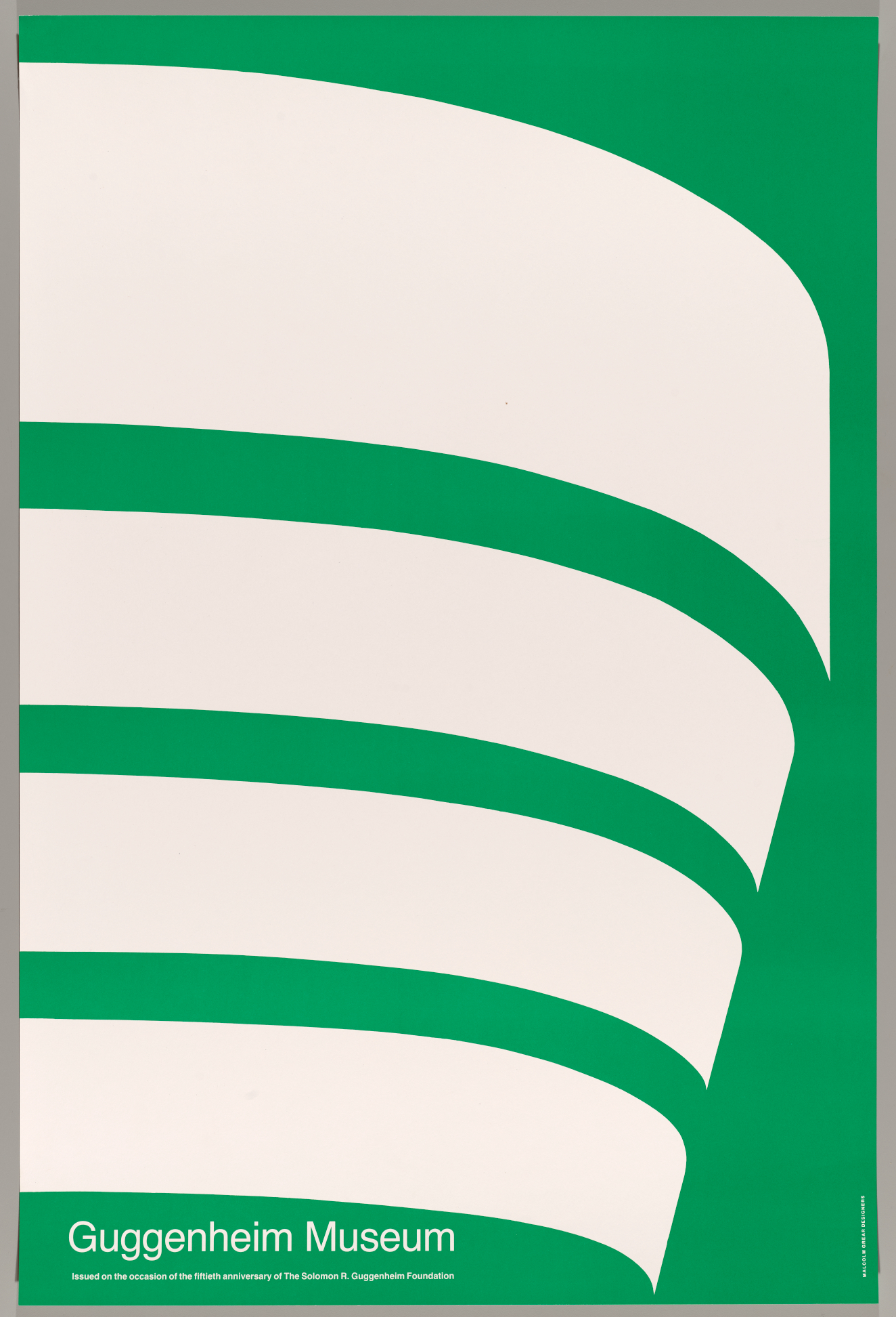 A graphic of stacked white curves set against a vibrant green background, representing the Guggenheim Museum’s architecture, with white text at the bottom: “Guggenheim Museum.”