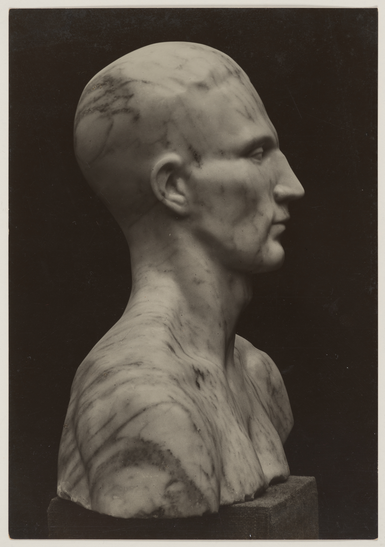 Photograph depicting the bust of a male presenting figure in marbled stone; presented in profile against a dark backdrop. The face is serene and the material emphasizes the body’s veins.