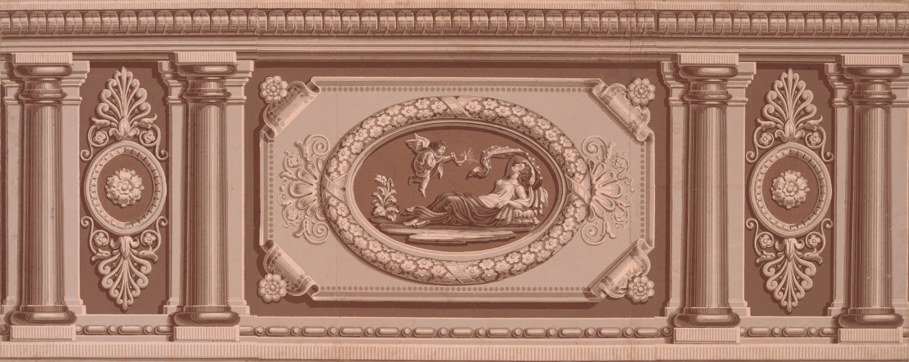 Neoclassical frieze with a central oval medallion depicting a reclining woman and a cupid flanked by columns, rosettes, and acanthus leaves in a monochromatic sepia color scheme.