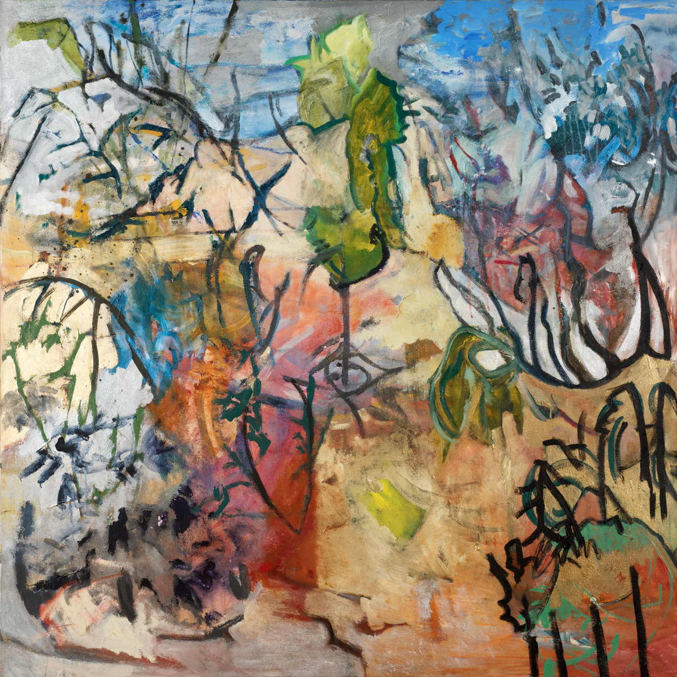 Abstract painting of various swirling black marks against a multicolored background of grays and blues giving way to yellow-whites and reds, with various green shapes on top as well.