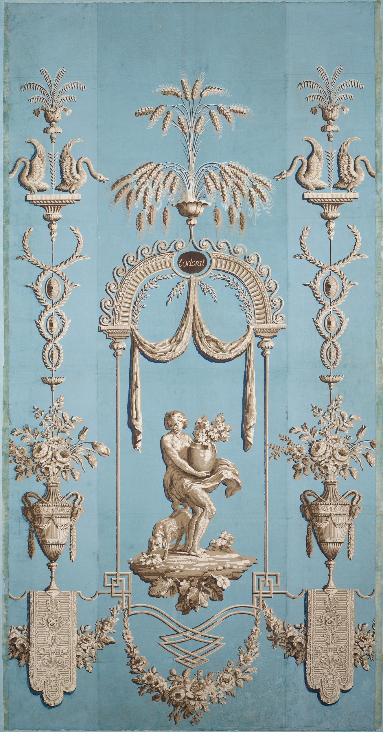 Narrow panel of vintage wallpaper featuring a central figure carrying a vase in a garden scene, surrounded by botanical motifs in ivory. The design is set against a sky-blue backdrop.