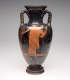 A ceramic vessel with twisted handles and ornate orange design of a figure holding a staff set on a black surface.