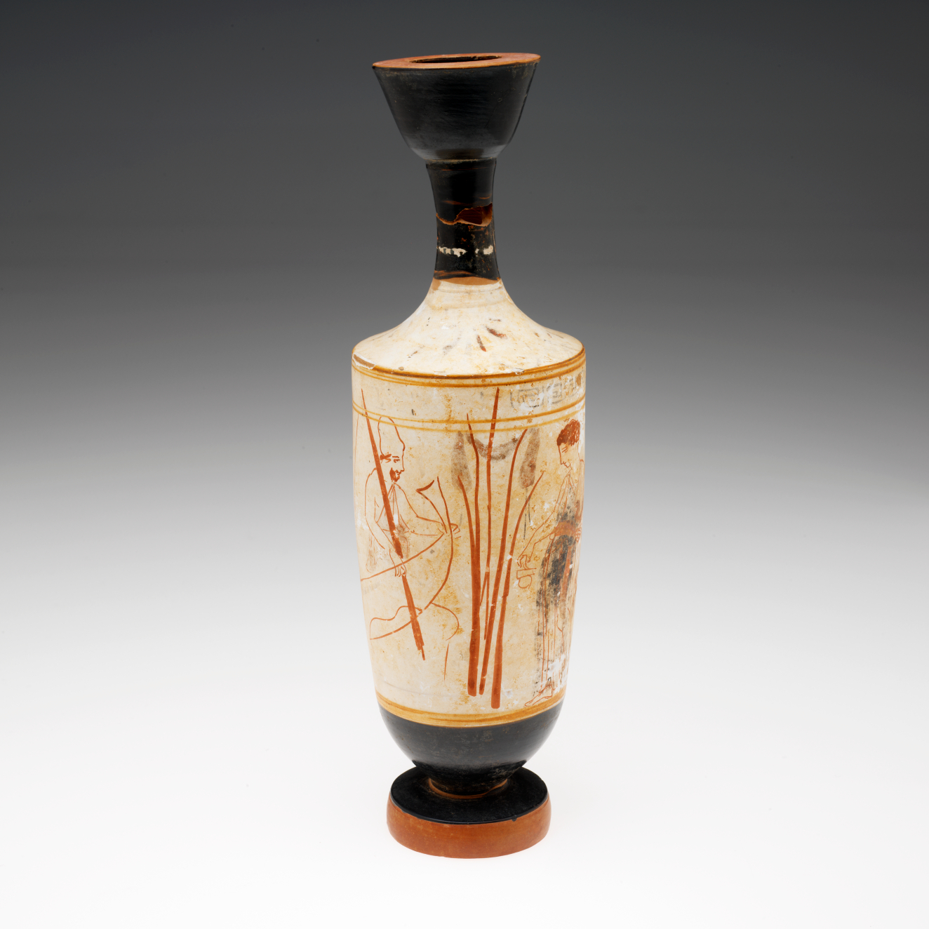 Narrow vessel with a black top and base, whose white body features an orange illustration of a boatman separated from a figure by reeds, framed by horizontal bands.