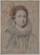 A black, red, and white chalk portrait of an aristocratic white woman gazing at the viewer. She has red flowers in her curly hair, a neck ruff, and pearl earrings.
