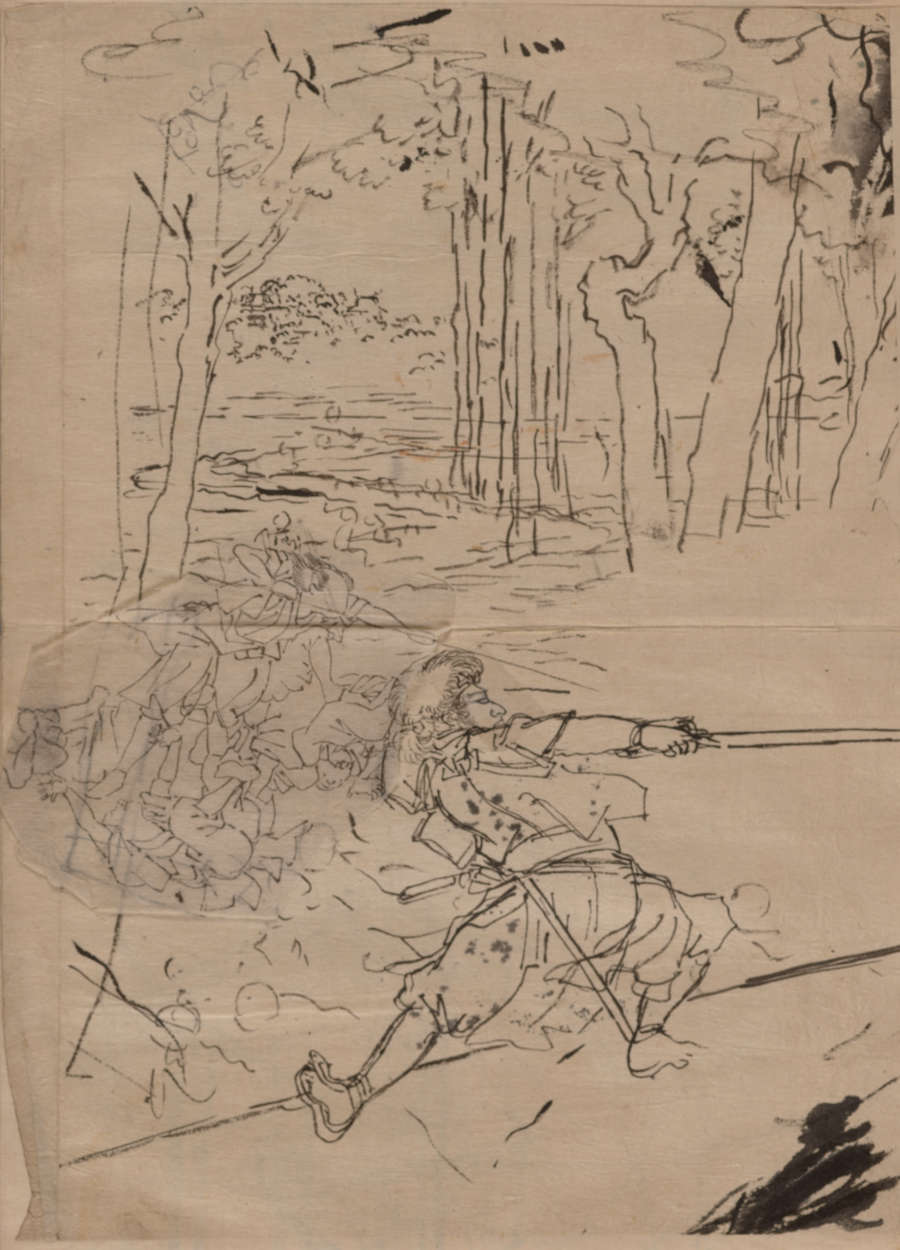 Gestural sketch of a warrior in historic armor, poised in a defensive stance and drawing their sword straight ahead. The figure is set in a forest setting.