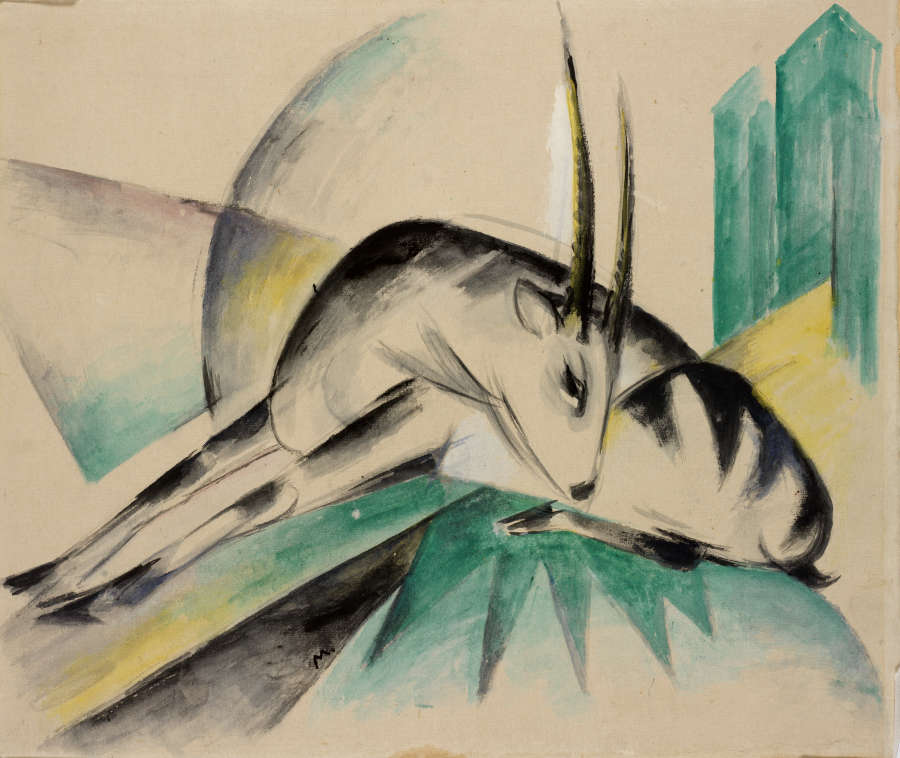 An abstracted representation of an antelope, constructed of multiple expressive black and white brushstrokes. It rests upon a geometric surface of yellow, blue, and green.