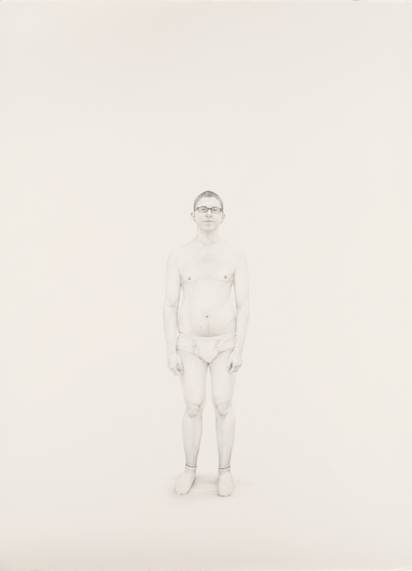 Precise, lightly rendered drawing of a young man standing in only briefs, socks, and glasses. He looks at the viewer. There are faint horizontal scars on his chest.