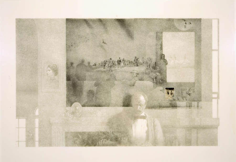 Hazy grayscale collage of overlapping images. In the foreground, a man in a tuxedo in a drawing room. Behind him, a collaged image of various figures interacting with each other.
