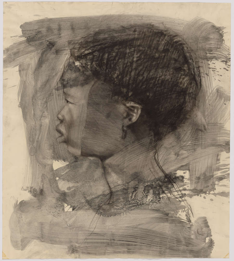 A drawing of a young, female-presenting figure with tightly cropped hair, seen in profile. Brushy, washy marks cover the entirety of the figure, creating an additional layer to the drawing.