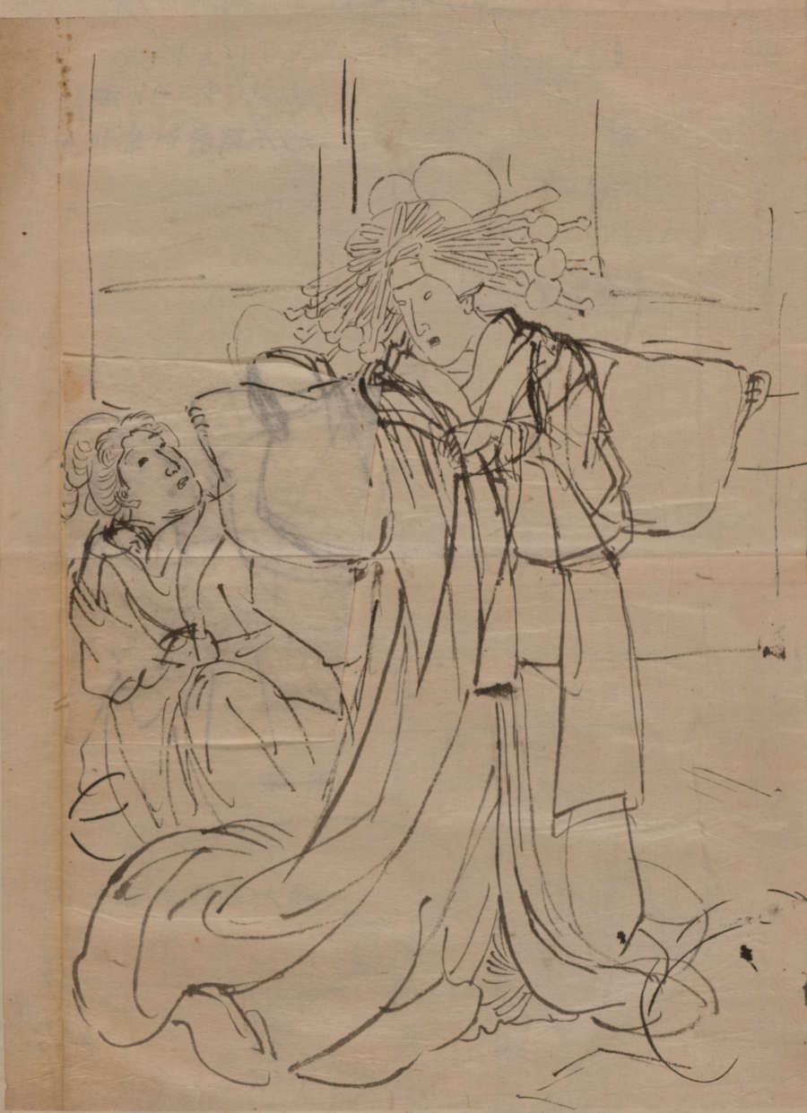 Sketch of a woman getting dressed in formal, traditional, Japanese attire; another woman is behind her assisting with the dress. The woman at the forefront is looking back at her companion.