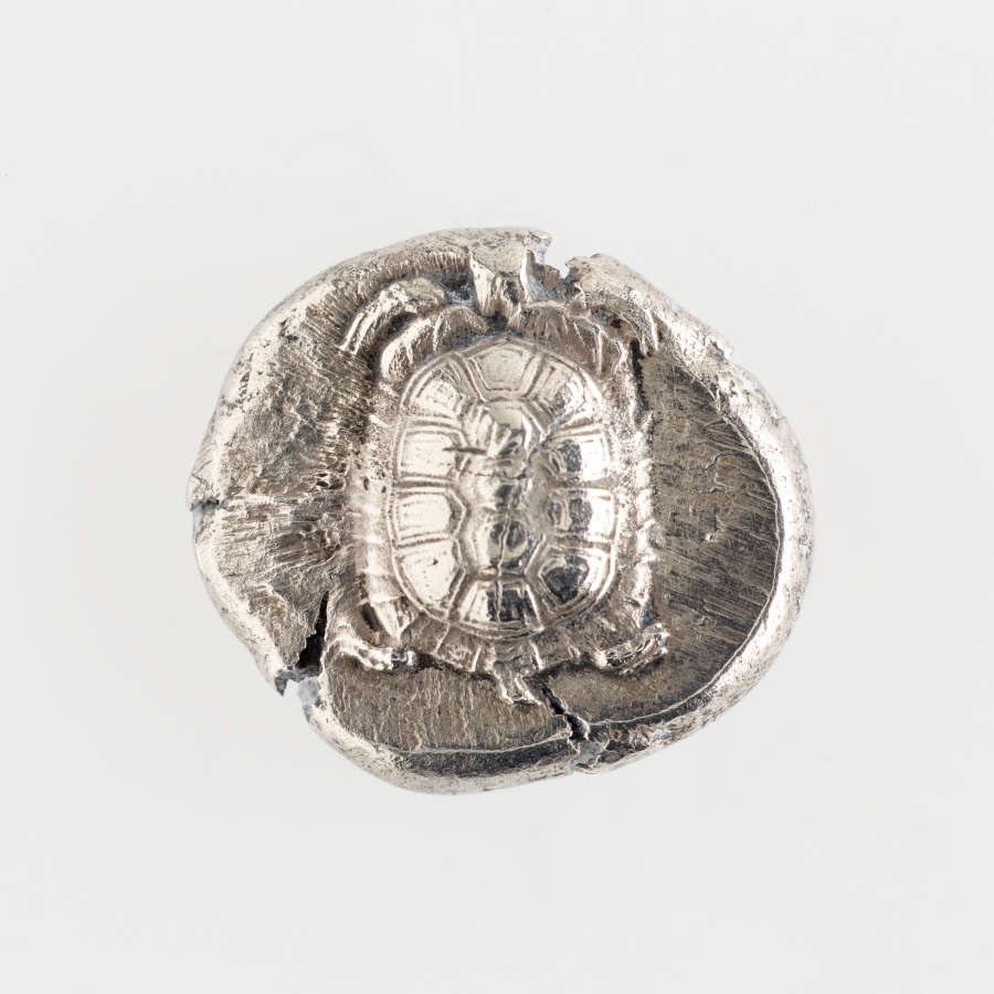 Silver coin with irregular edges. Embossed on its surface is the top view of a turtle with a geometric and symmetrical shell.
