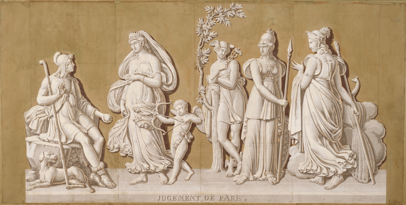 Scene depicting Paris’ momentous decision, flanked by the goddesses Hera, Athena, and Aphrodite with Hermes as an observer, set against a subtle tan background.