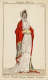 Aged illustration of a figure in a white gown and red shawl with gold and blue trim, French captions.