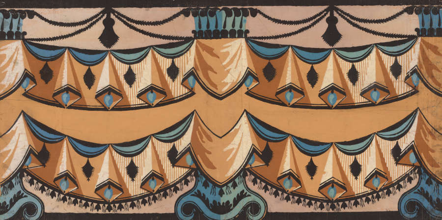 Wallpaper with Art Deco style drapery pattern with a diamond motif in a palette of brown, black, cream, and teal.