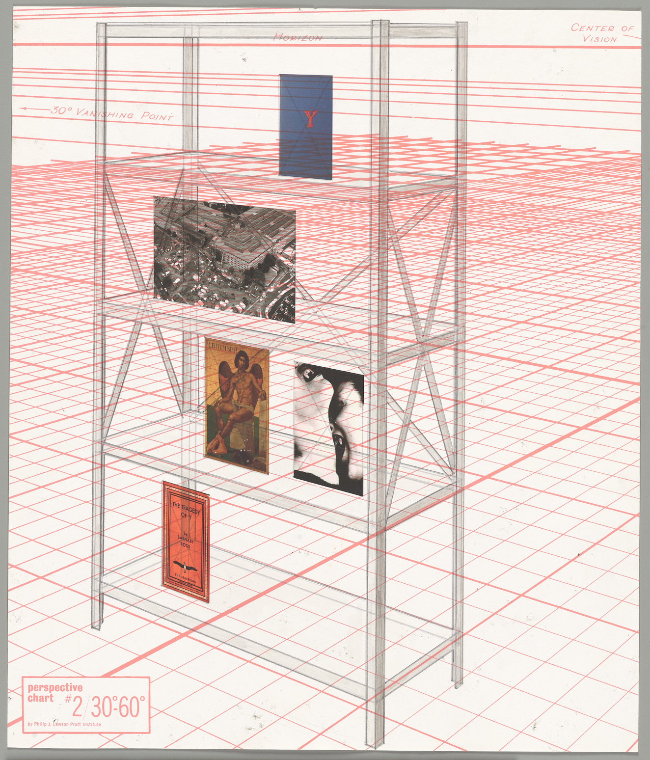 A sketched wireframe bookshelf placed in a red grid perspective space, displaying various images including a book cover, city view, classical artwork, and sensual black-and-white photograph.