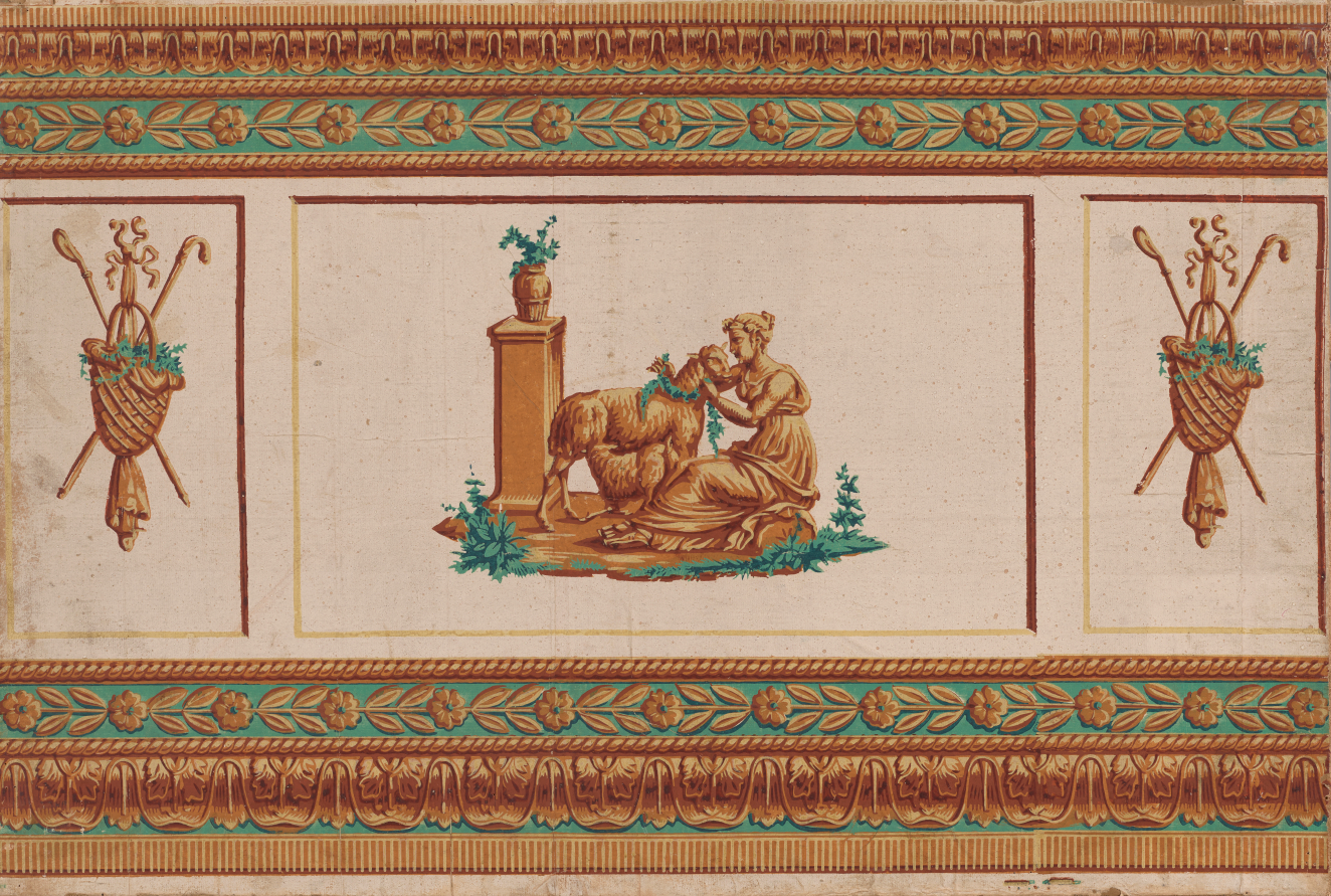 Three, bronze flower bordered cream panels with bronze reliefs of a woman wrapping a leaf garland around a lamb and two repeating motifs of a cane and leaf basket.