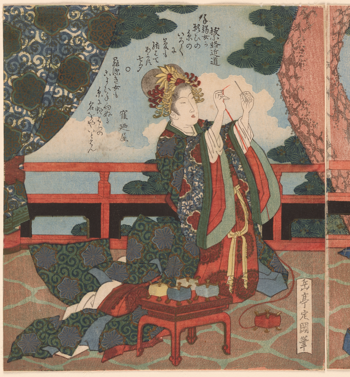 A figure in ornate robes threading a needle next to spools of thread, framed by a curtain and tree.