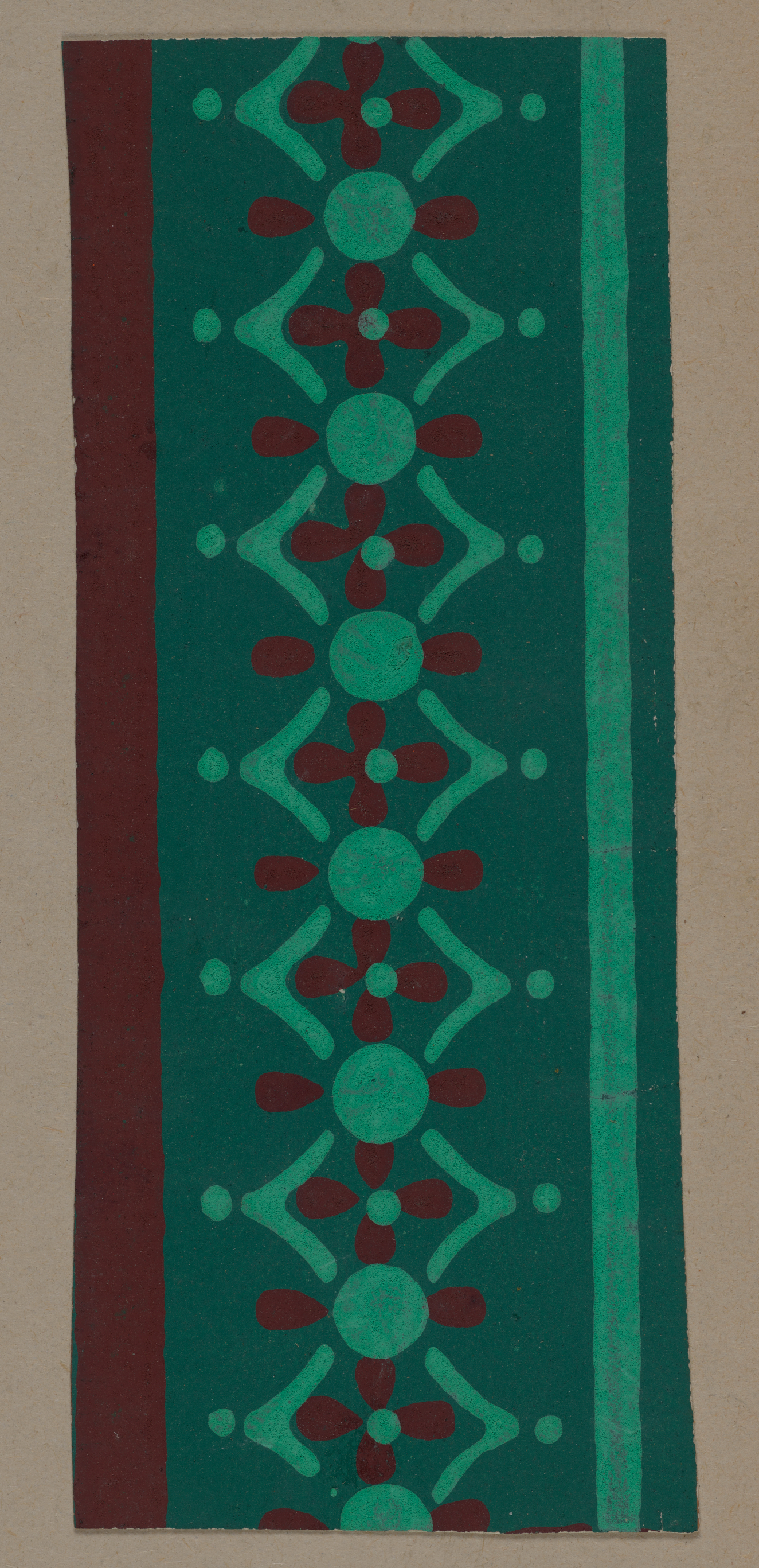 Vertical green strip on a neutral background featuring geometric patterns of teal circles and dots connected by intersecting lines and brown rounded diamonds between a brown and light green stripe.