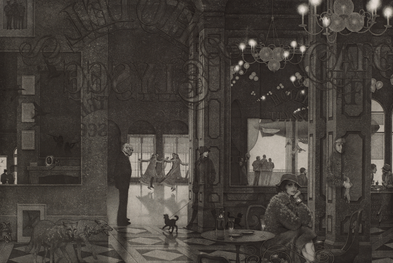 An illustration of a dimly lit cafe with chandeliers, a figure in a fur coat sitting alone, distant dancers, and strange, ghostly figures and animals behaving supernaturally upon closer inspection. 