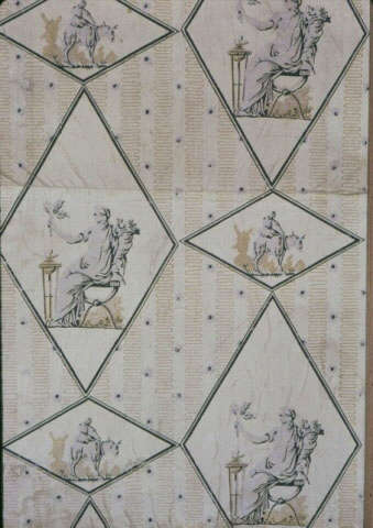 Crinkled, yellow wallpaper with repeating figures, sitting and riding a horse, enclosed in rotated diamond frames, against vertical stripes made out of yellow wavy lines and black-dotted white sections.