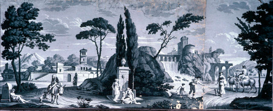 Ripped, black and white print of a lively Grecian town with luscious trees and figures sitting, socializing, and riding horseback throughout. An established town with a dam is behind them.