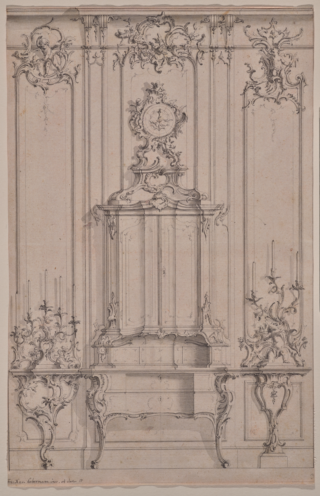 A pen and ink design plan for a Rococo interior corner containing a clock, bureau, table, and elaborate candelabra.