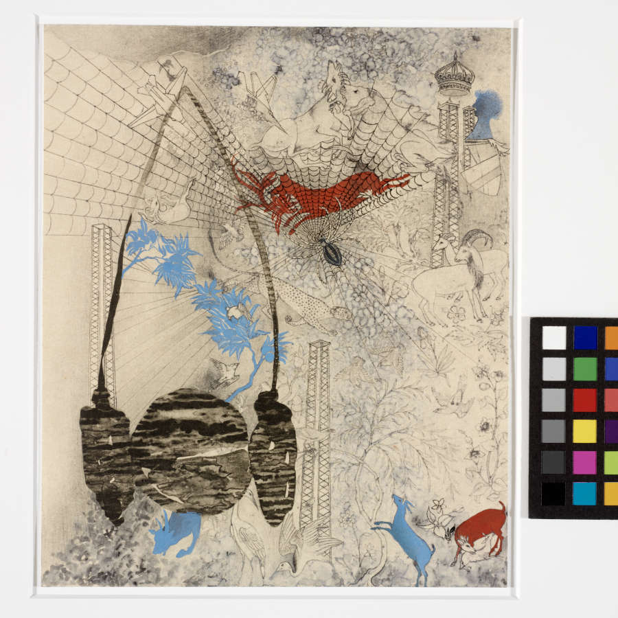 Illustrations of towers, planes, and wildlife spread across the page. From the upper center radiates a graphite web created by a spider. On the left is a dark, organic shape.