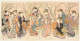 Woodblock triptych of ladies dressed in luxurious, colorful patterned garments gathering around a table with various food and drinks. Behind them are blossoming plum trees overtop a light pink background.