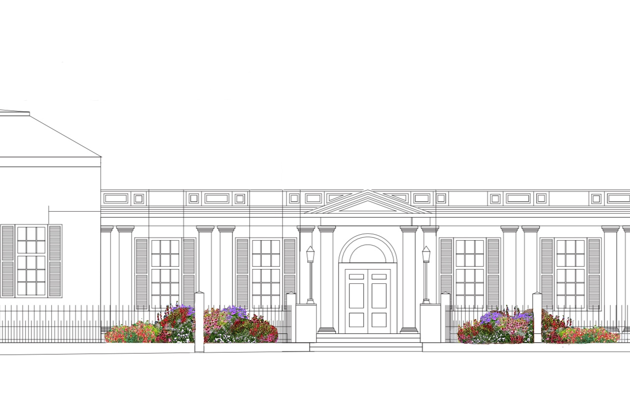 A black and white line drawing of a one-story building with large windows and columns. The front door is flanked by two large collections of bright and colorful wildflowers growing in the ground.