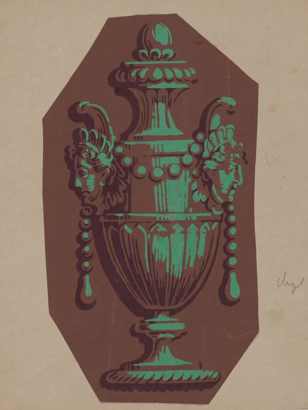 Ornamental design in brown with green accents on a neutral backdrop. Featuring an intricate vase with detailed faces for decoration on either side connected by a draped string of beads.