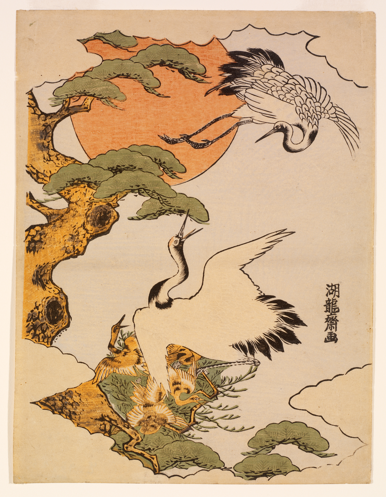 A print depicting a pair of cranes, one soaring against a large orange sun, the other standing with open wings near a nest with chicks, framed by clouds and a large tree. 