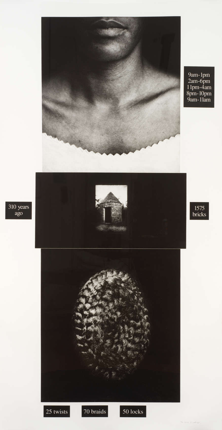 Collage of a neck, a house, and a ring of braided hair, all in descending order. The images are in greyscale, and are surrounded by small blocks of text.