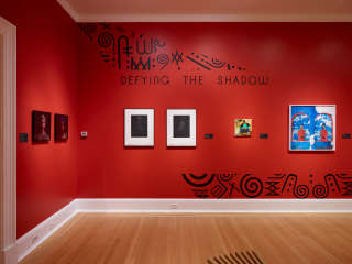 Gallery with red walls hung with several works. The wall is embellished with black designs and text that reads: “Defying the Shadow.”