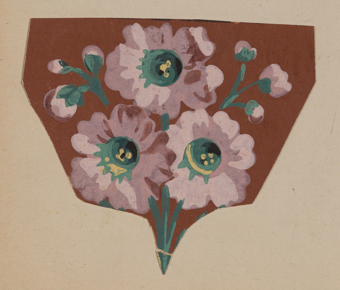 Decorative design featuring a cluster of three pale pink flowers with green stems and smaller buds, which have green centers with yellow highlights set against a brown backdrop.