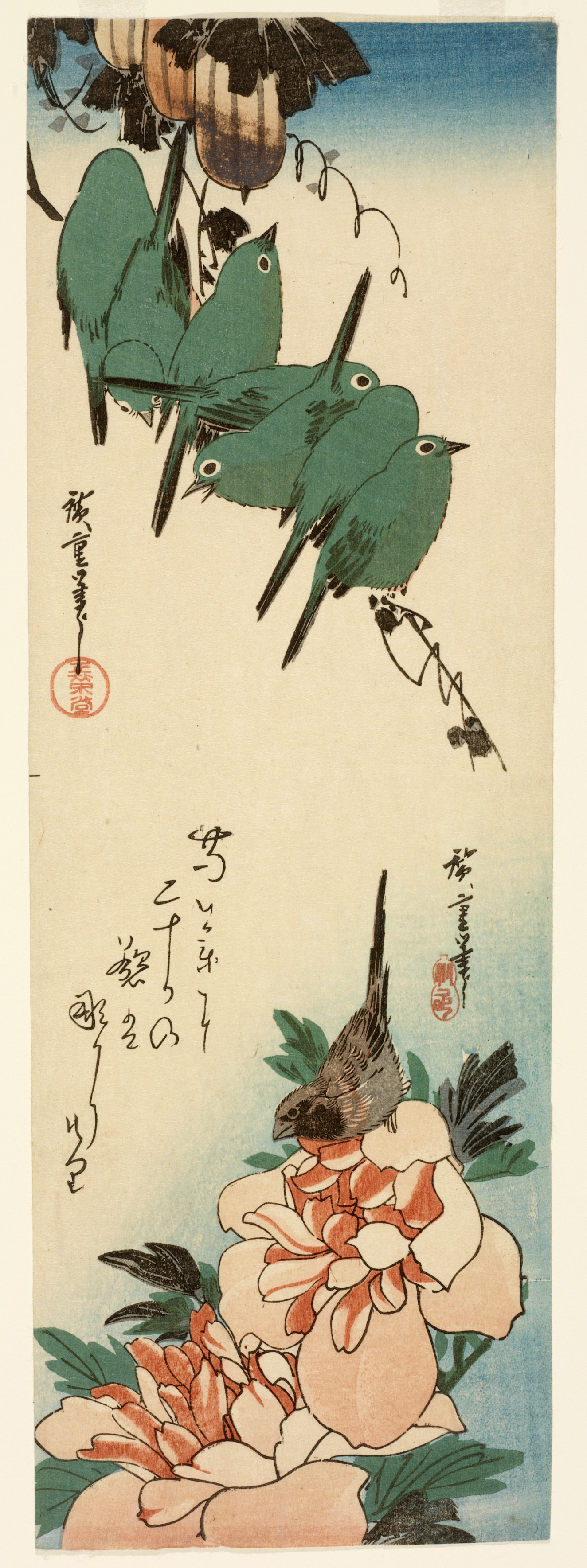 A group of seven green birds sit on an overhanging branch above a brown bird perched on blooming orange flowers.