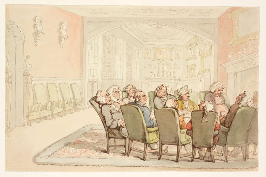 A pen and ink and watercolor drawing of boisterous, aristocratic Englishmen seated in high-backed chairs. The bewigged men talk, sleep, and look around the art and marble-bust filled room.