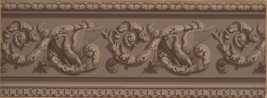 Flat frieze featuring ornate acanthus scrolls, swans, snakes, and floral motifs in a continuous pattern that appears three-dimensional on a neutral background.