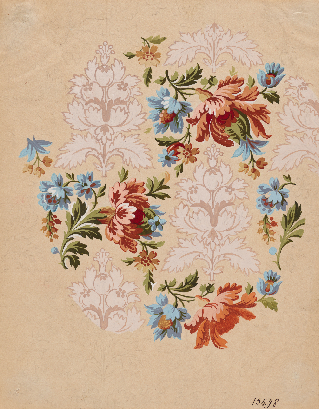 Floral pattern featuring red and blue flowers with green leaves interlocking with white floral patterns set against a beige background.