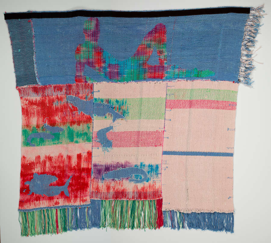 Back view of the weaving, except all colors are inverted so that patterned areas are blue and vice versa.