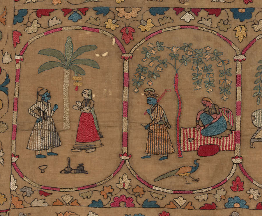 Detail of two subsections of a row of illustrations, showing two figures standing beside a tree on the left, and two figures sitting beside a tree behind a peacock on the right. They are framed by colorful floral motifs.