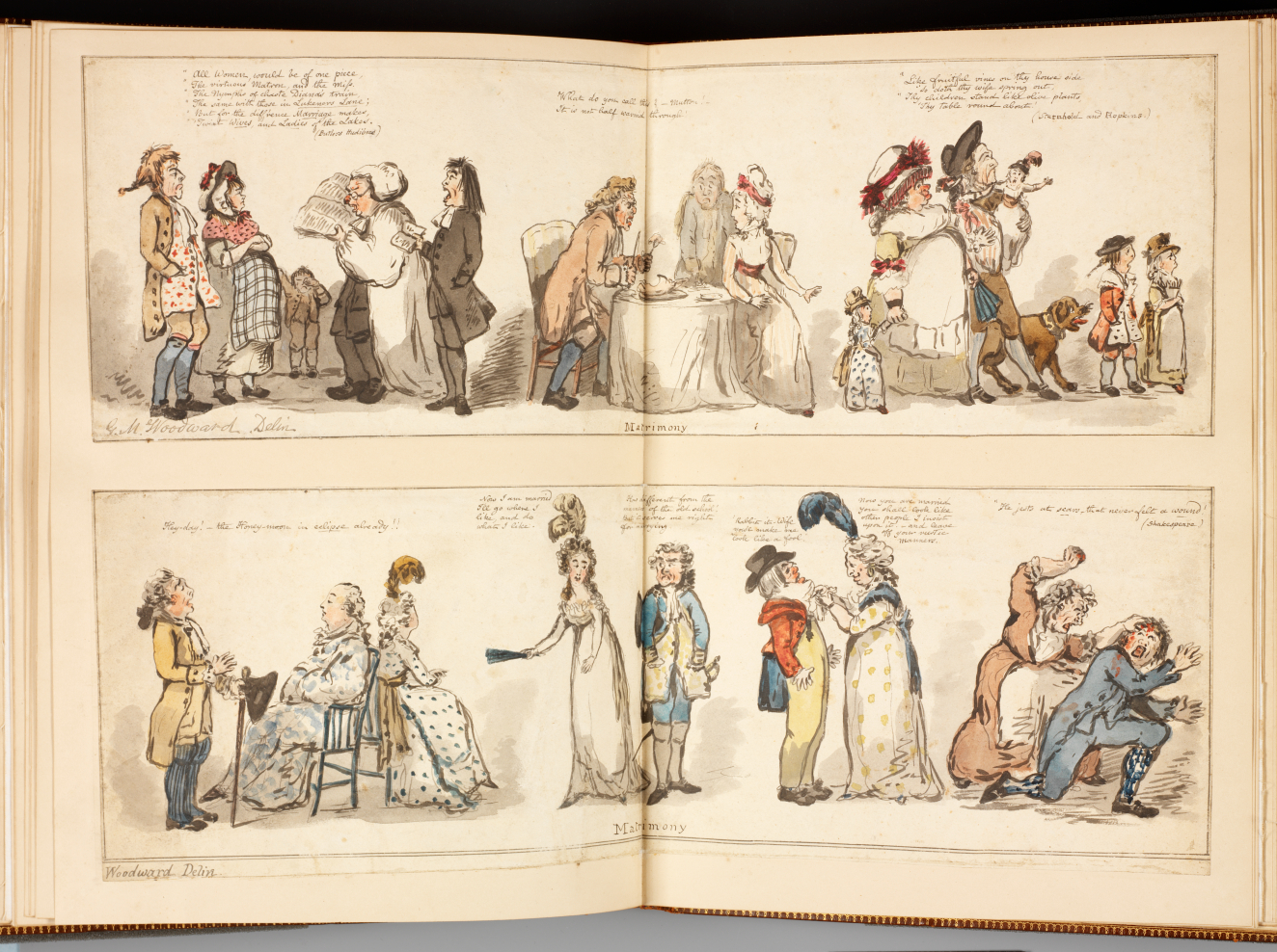 A satirical watercolor of a wedding divided into two horizontal registers on the sheet. The bride and groom are in the middle surrounded by family. Illegible text accompanies each figure.