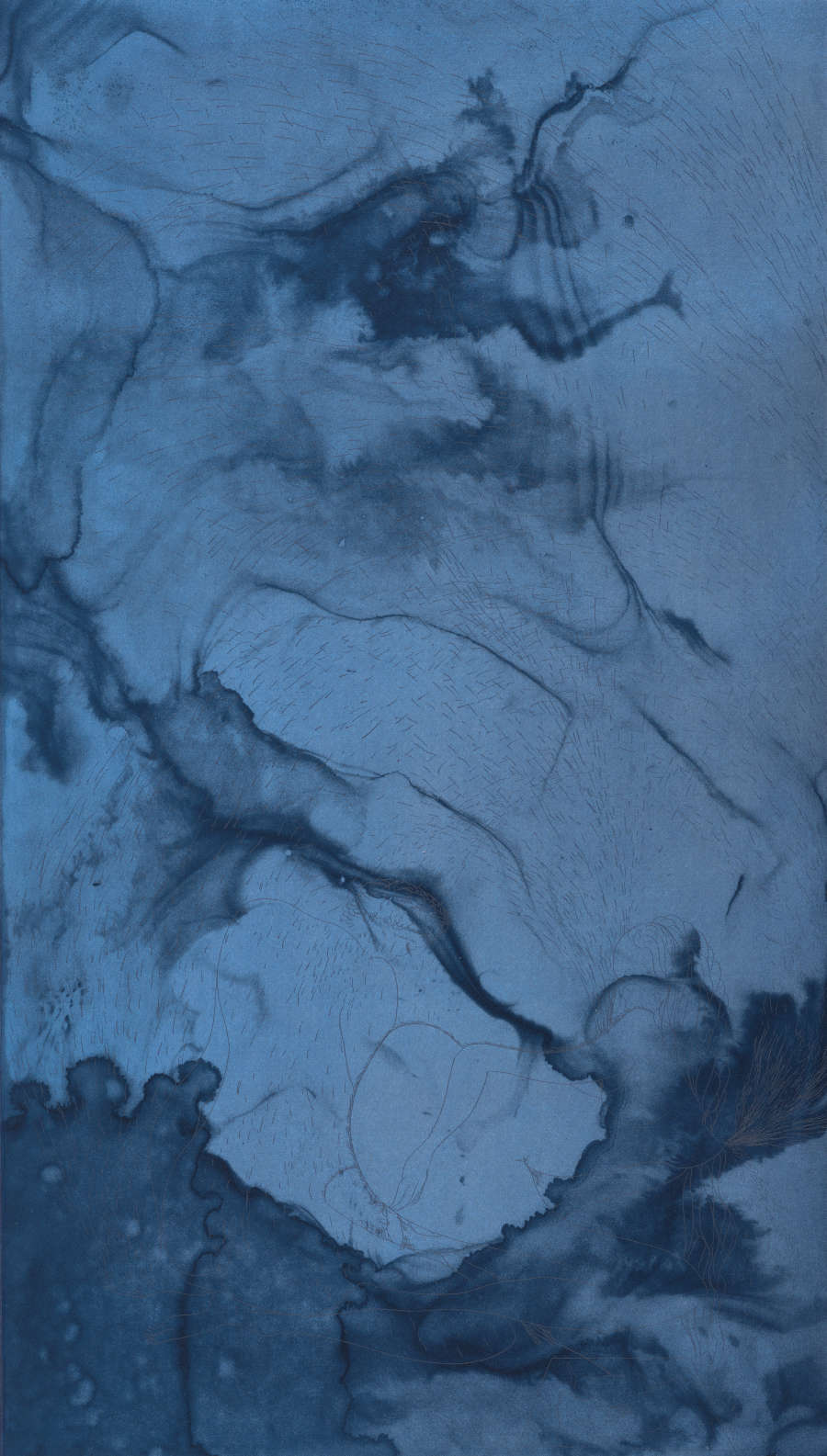 More dark blue inky marbling, which forms large organic forms as well as thin meandering lines which bloom and blend into the blue dyed paper.
